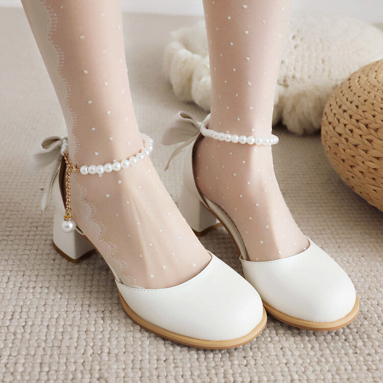 Women's Round Toe Pearls Beads Bow Tie Block Chunky Heel Sandals