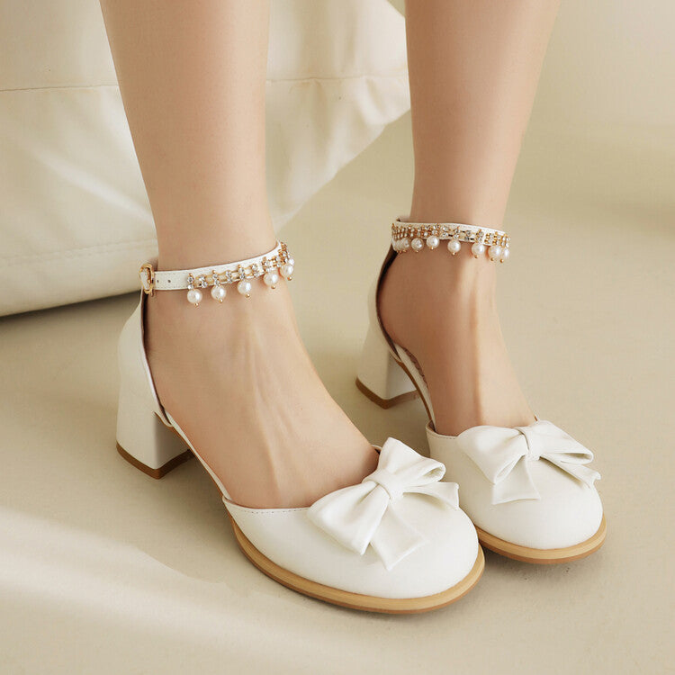 Women's Round Toe Bow Tie Pearls Ankle Strap Block Chunky Heel Sandals