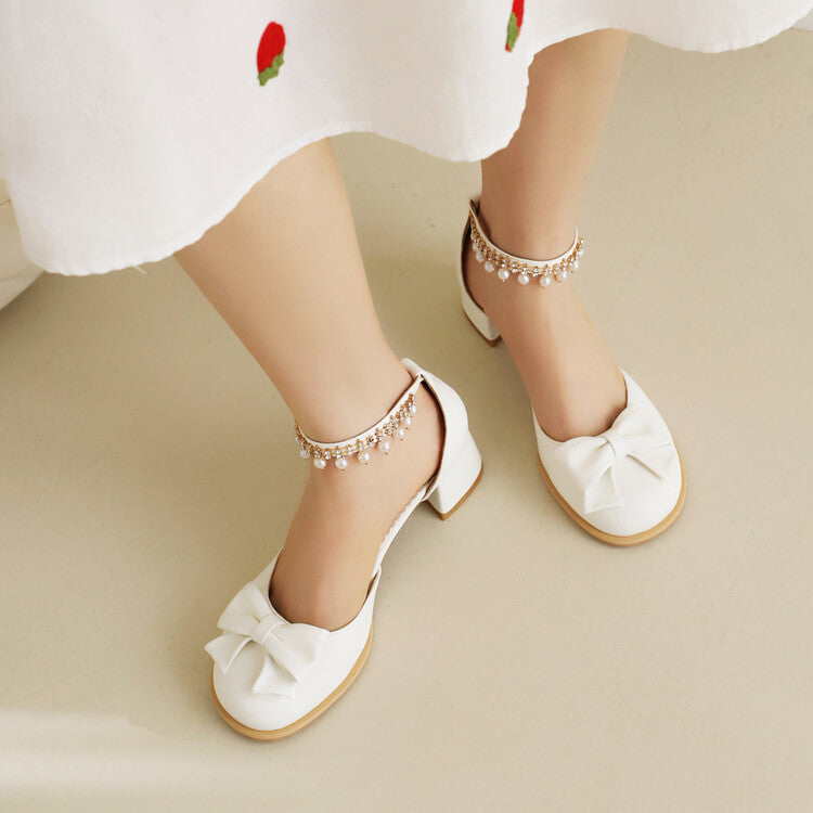 Women's Round Toe Bow Tie Pearls Ankle Strap Block Chunky Heel Sandals