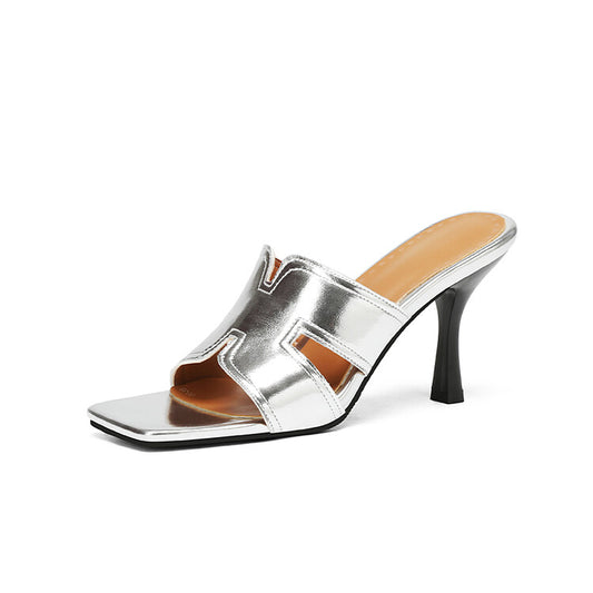 Women's Metal Patent Spool Heel Slip On Slides Sandals