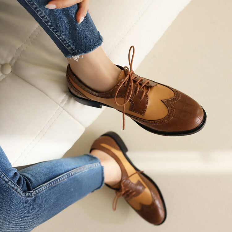 Women's Bicolor Lace-Up Round Toe Flats Oxford Shoes