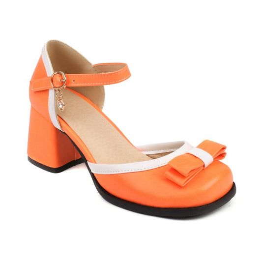 Women's Candy Color Square Toe Bow Tie Block Chunky Heel Platform Sandals