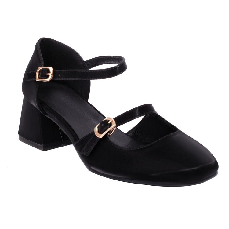 Women's Shallow Mary Janes Buckle Straps Block Chunky Heel Sandals