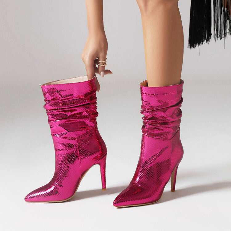 Women's Pointed Toe Patent Stiletto Heel Mid Calf Boots
