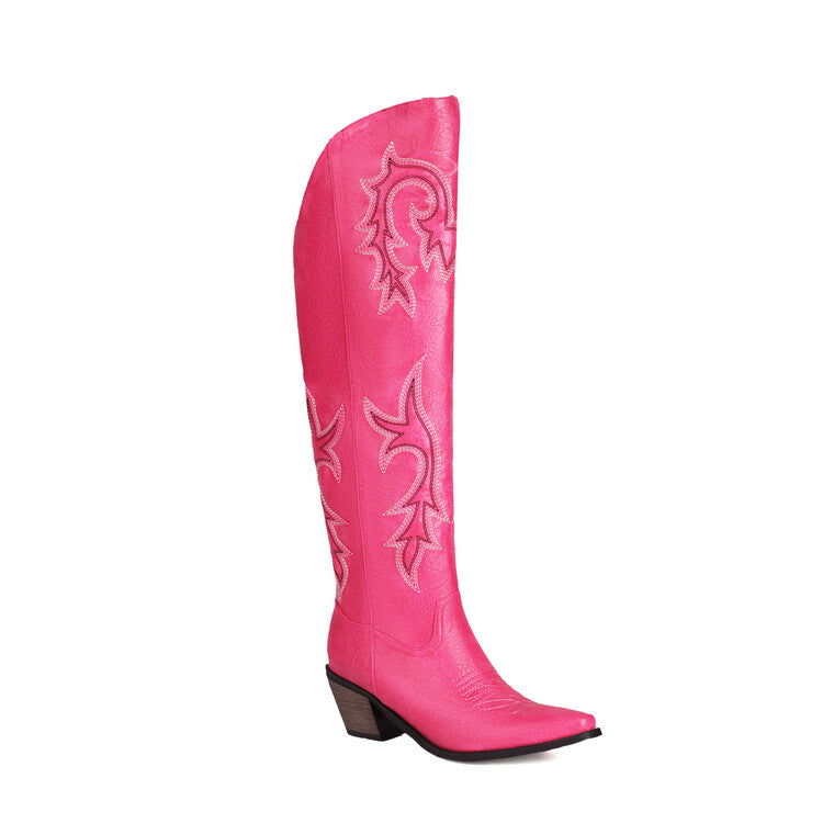 Women's Cowboy Pointed Toe Beveled Heel Embroidery Knee High Western Boots