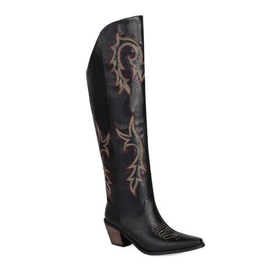 Women's Cowboy Pointed Toe Beveled Heel Embroidery Knee High Western Boots