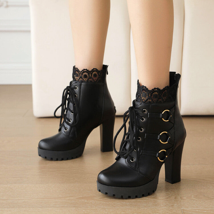 Women's Booties Round Toe Lace-Up Lace Block Chunky Heel Platform Short Boots