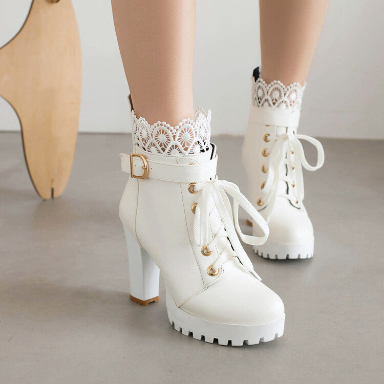 Women's Booties Round Toe Lace Lace-Up Block Chunky Heel Platform Short Boots