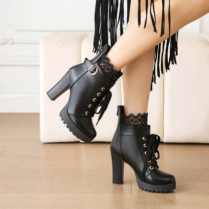 Women's Booties Round Toe Lace Lace-Up Block Chunky Heel Platform Short Boots