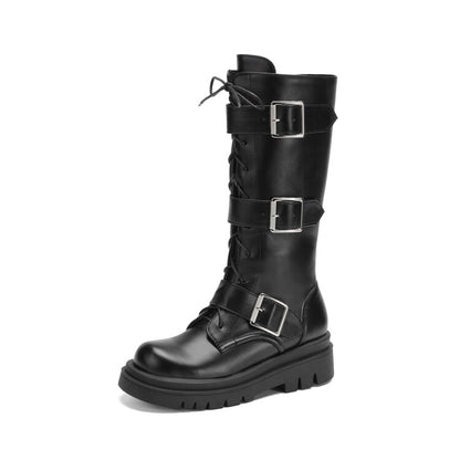 Women's Round Toe Buckle Straps Lace-Up Platform Mid Calf Boots