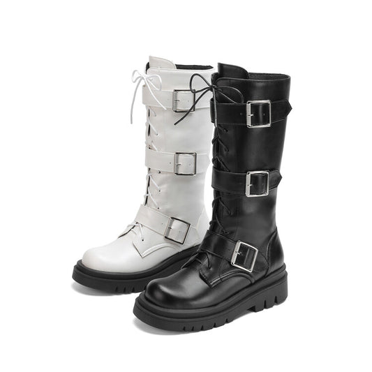Women's Round Toe Buckle Straps Lace-Up Platform Mid Calf Boots