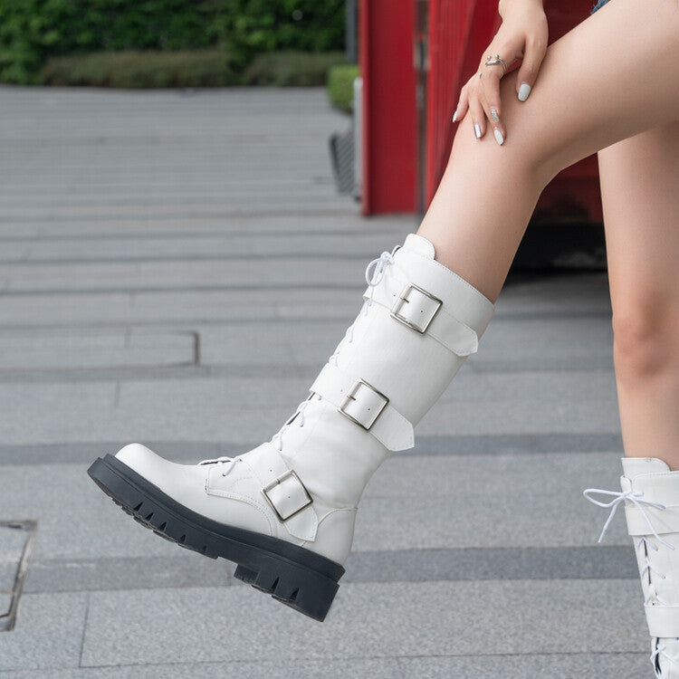 Women's Round Toe Buckle Straps Lace-Up Platform Mid Calf Boots