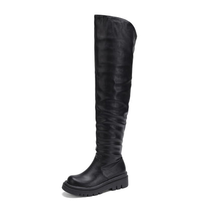 Women's Round Toe Platform Wrinkled Over the Knee Boots