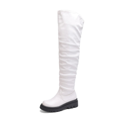 Women's Round Toe Platform Wrinkled Over the Knee Boots