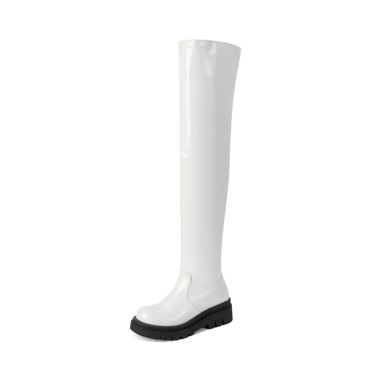 Women's Glossy Round Toe Thick Heel Platform Over the Knee Boots