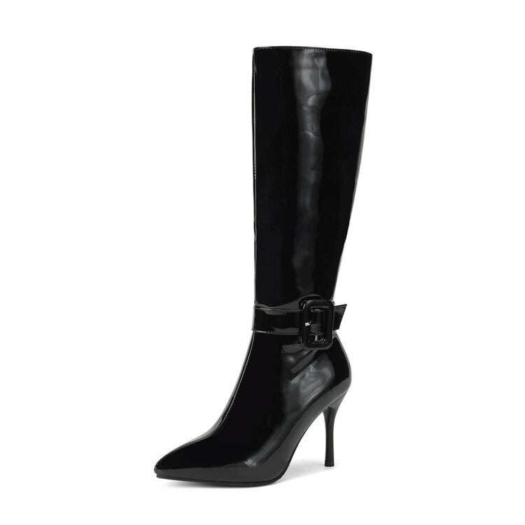 Women's Glossy Pointed Toe Stiletto Heel Knee High Boots