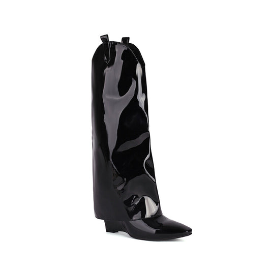 Women's Fold Pointed Toe Wedge Heel Mid Calf Boots