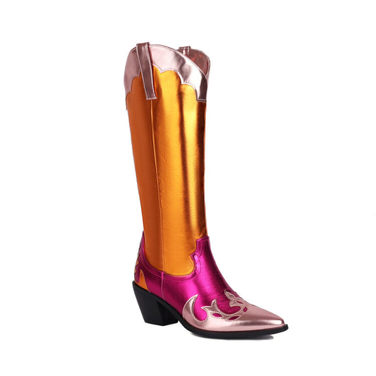 Women's Pointed Toe Beveled Heel Glossy Mid Calf Western Boots