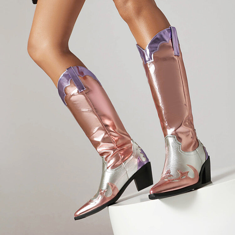 Women's Pointed Toe Beveled Heel Glossy Mid Calf Western Boots