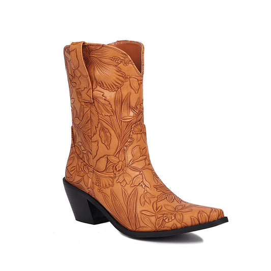 Women's Cowboy Pointed Toe Beveled Heel Flowers Printed Mid Calf Western Boots