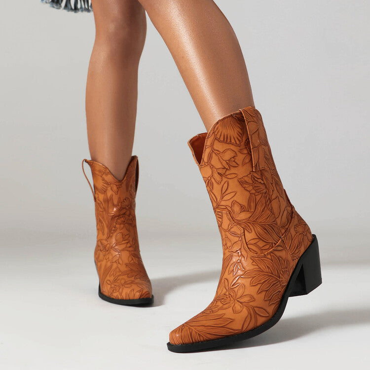 Women's Cowboy Pointed Toe Beveled Heel Flowers Printed Mid Calf Western Boots