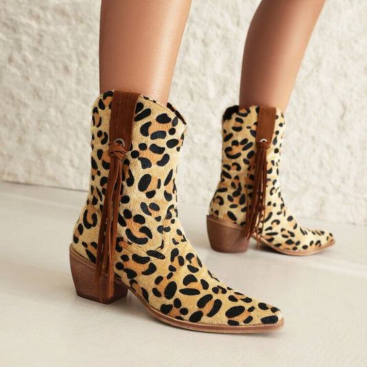 Women's Western Pointed Toe Beveled Heel Leopard Patterns Short Boots