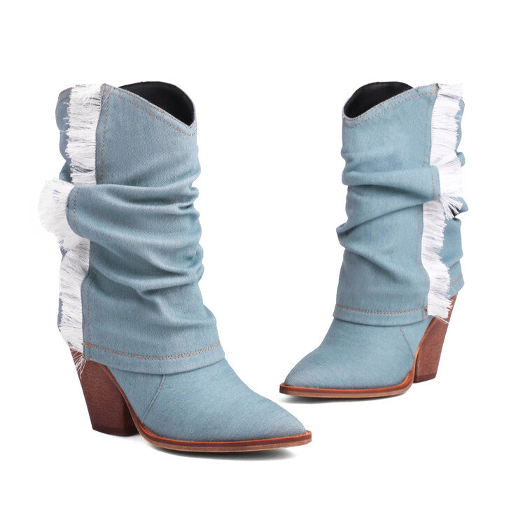 Women's Western Cowboy Fold Pointed Toe Beveled Heel Mid-Calf Boots