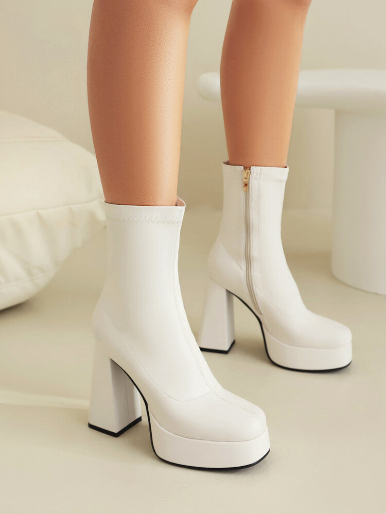 Women's Booties Square Toe Side Zippers Chunky Heel Platform Short Boots