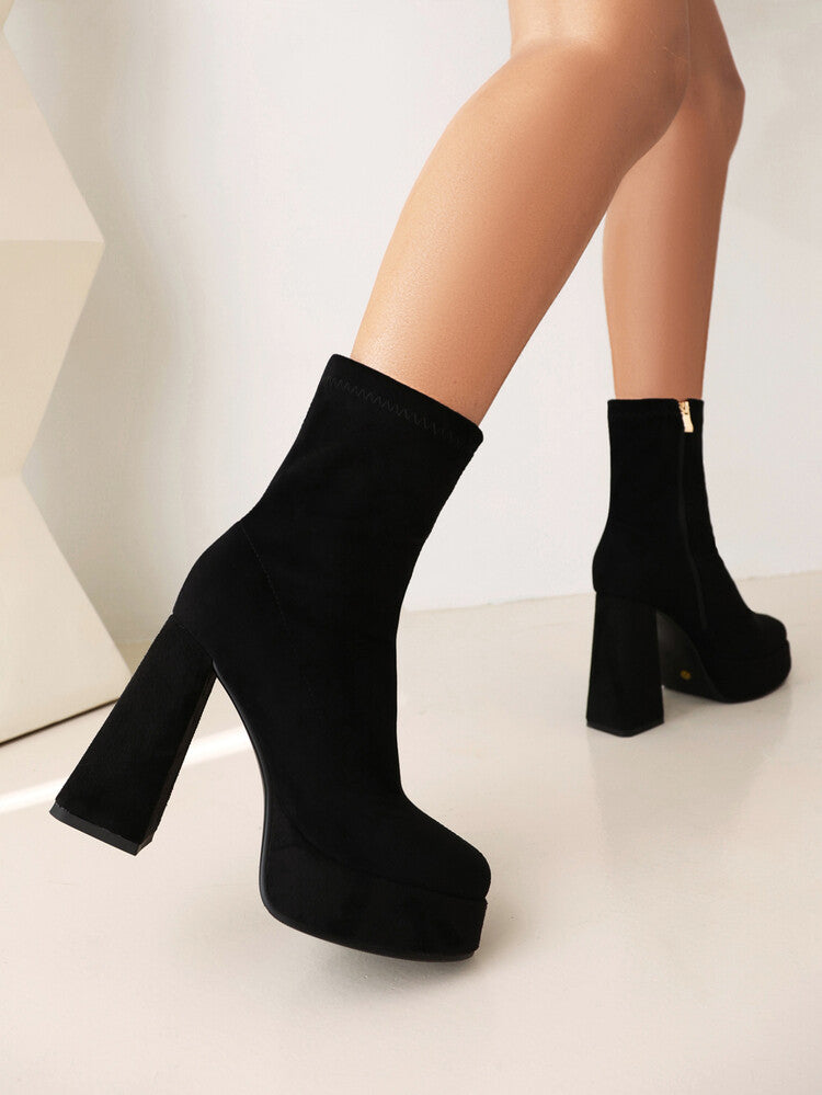 Women's Booties Square Toe Side Zippers Chunky Heel Platform Short Boots