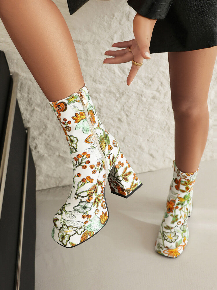 Women's Booties Flowers Prints Block Chunky Heel Platform Ankle Boots