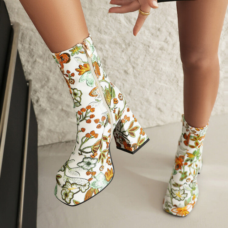 Women's Booties Flowers Prints Block Chunky Heel Platform Ankle Boots