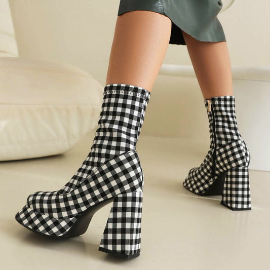Women's Booties Prints Zippers Chunky Heel Platform Short Boots