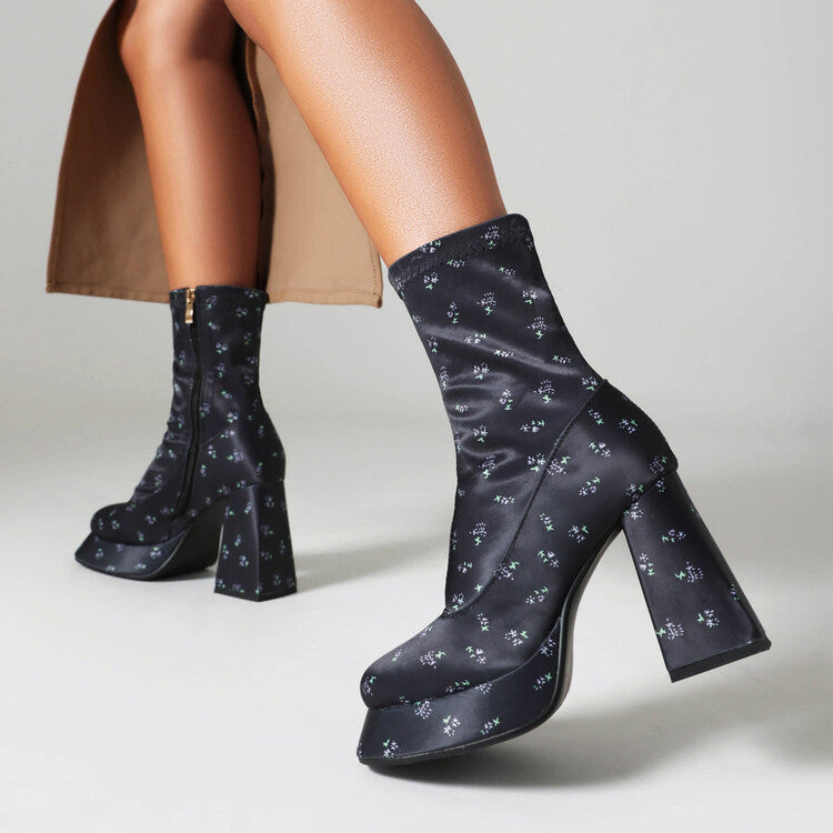 Women's Booties Prints Zippers Chunky Heel Platform Short Boots