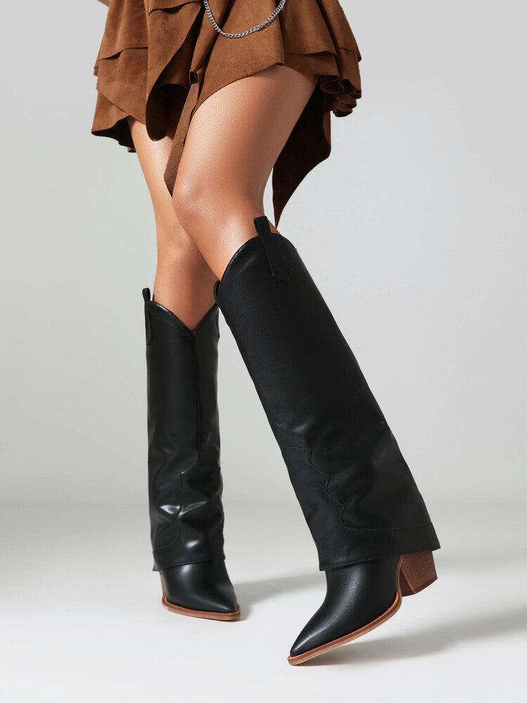 Women's Western Boots Fold Pointed Toe Beveled Heel Knee High Boots