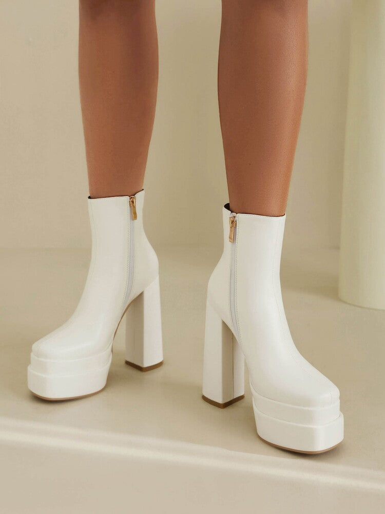 Women's Booties Glossy Side Zippers Chunky Heel Platform Short Boots