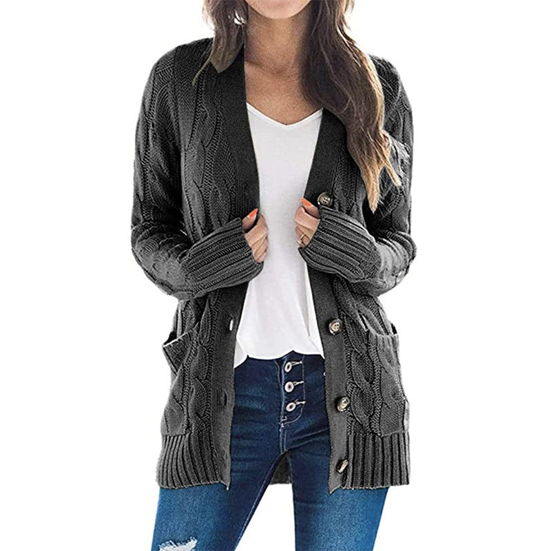 Women's Cardigans Kniting Plain Twist Buttons Pockets Long Sleeves