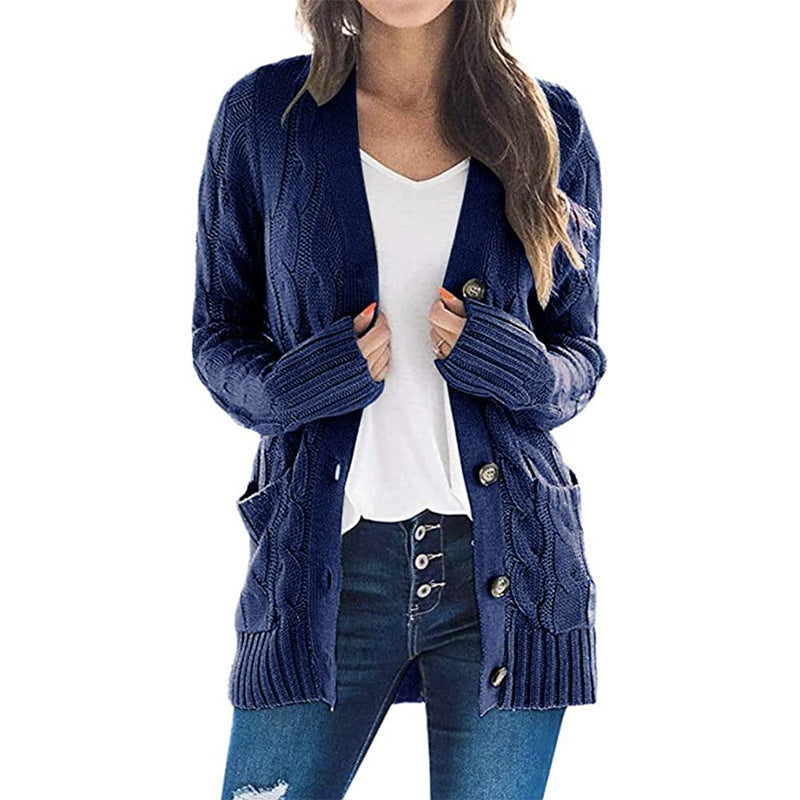Women's Cardigans Kniting Plain Twist Buttons Pockets Long Sleeves