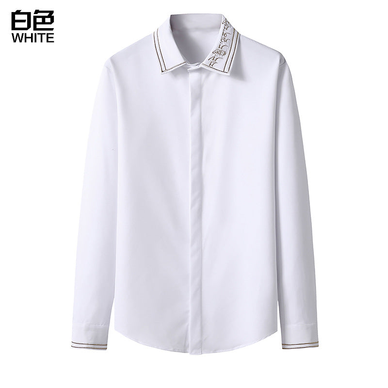 Men Embroidery Turnover Collar Long Sleeves Shirt