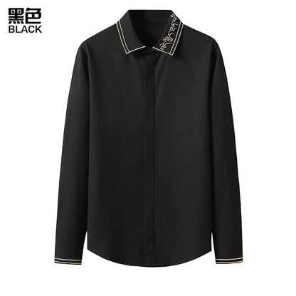 Men Embroidery Turnover Collar Long Sleeves Shirt