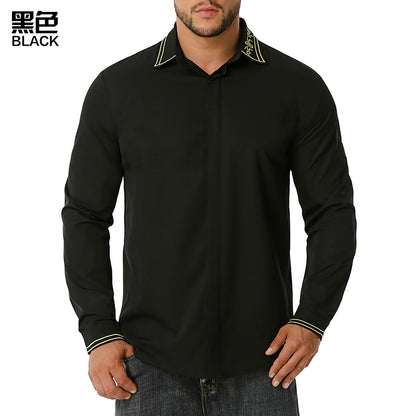 Men Turnover Collar Embroidery Long Sleeves Shirt