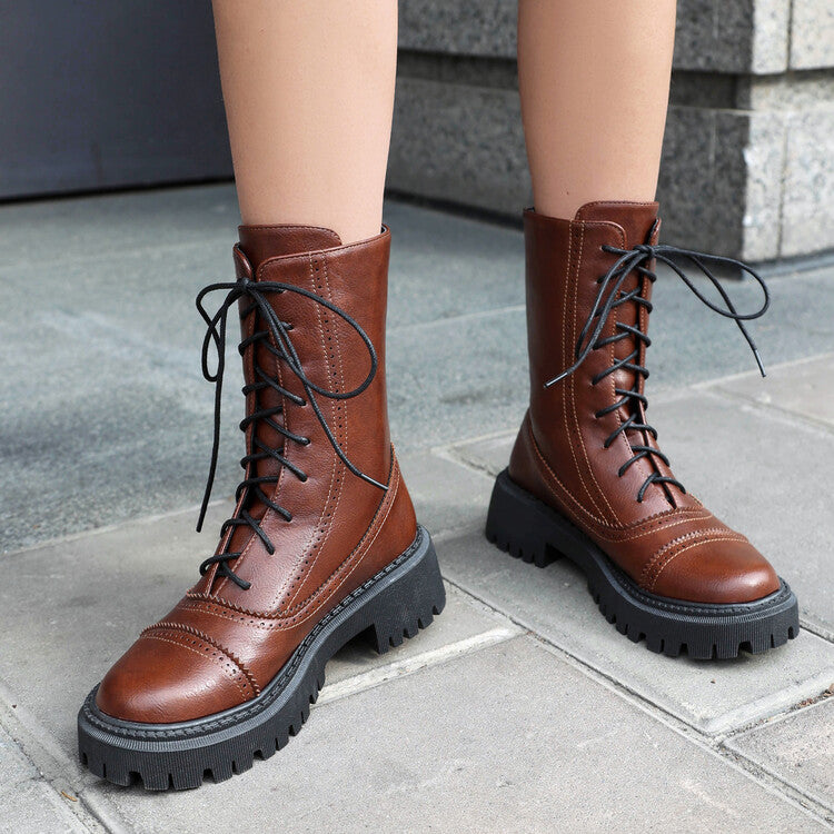 Women's Lace-Up Round Toe Flat Platform Short Boots