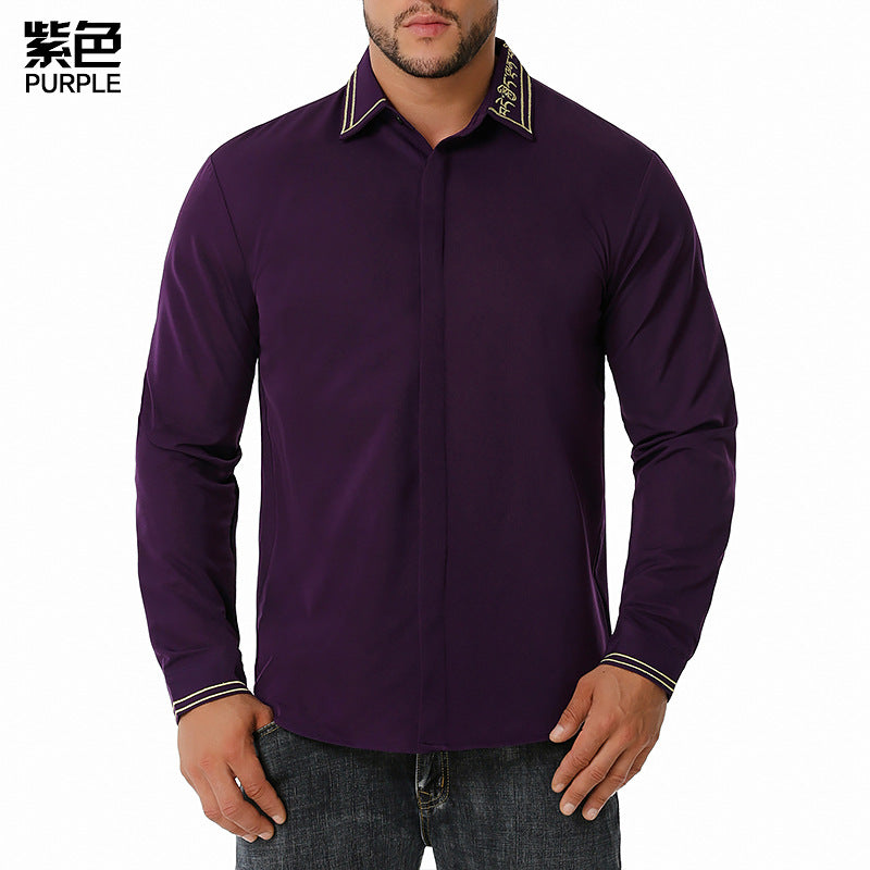 Men Turnover Collar Embroidery Long Sleeves Shirt