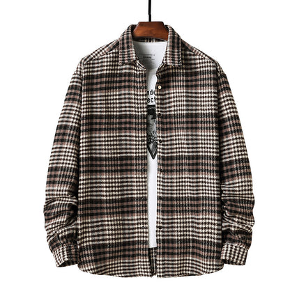 Men Turnover Collar Lattice Warm Long Sleeves Shirt