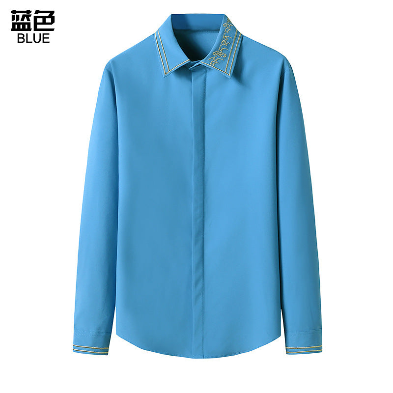 Men Embroidery Turnover Collar Long Sleeves Shirt