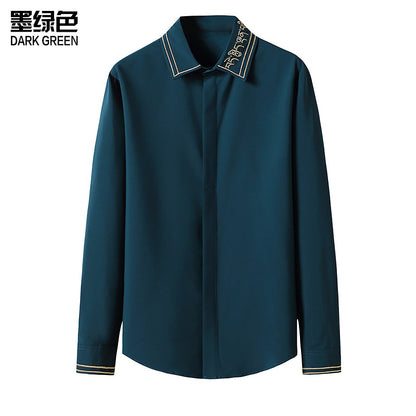 Men Embroidery Turnover Collar Long Sleeves Shirt