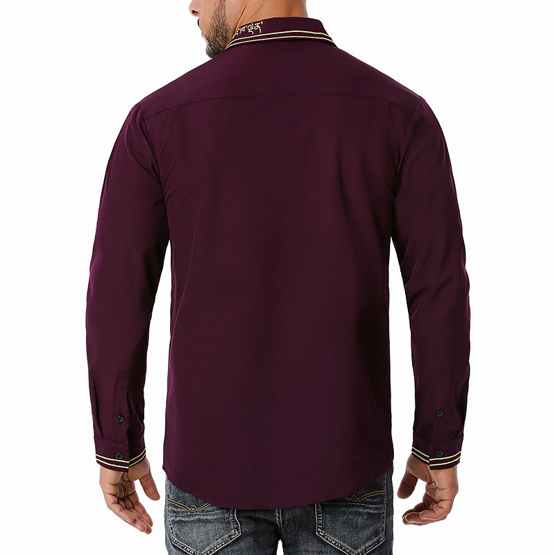 Men Turnover Collar Embroidery Long Sleeves Shirt