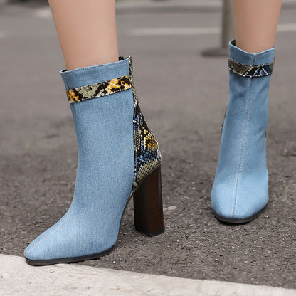 Women's Snake Pattern Pointed Toe Buckle Heel Short Boots