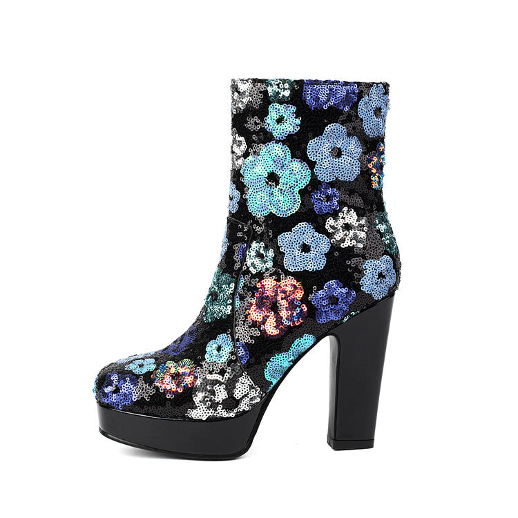 Women's Flowers Sequins Square Toe Square Heel Platform Ankle Boots