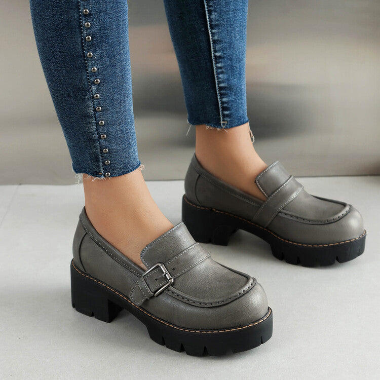 Women's Round Toe Platform Square Heel Platform Loafers Shoes