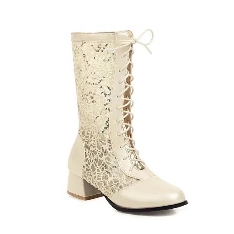 Women's Round Toe Lace-up Hollow Out Mid-Calf Boots